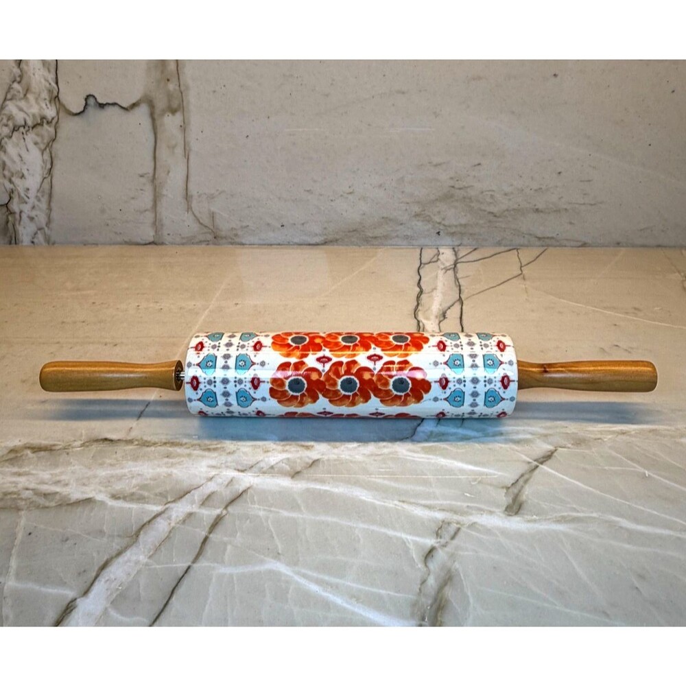 Anthropologie Poppy Ceramic Rolling Pin Orange Floral Wood Handle NWOT